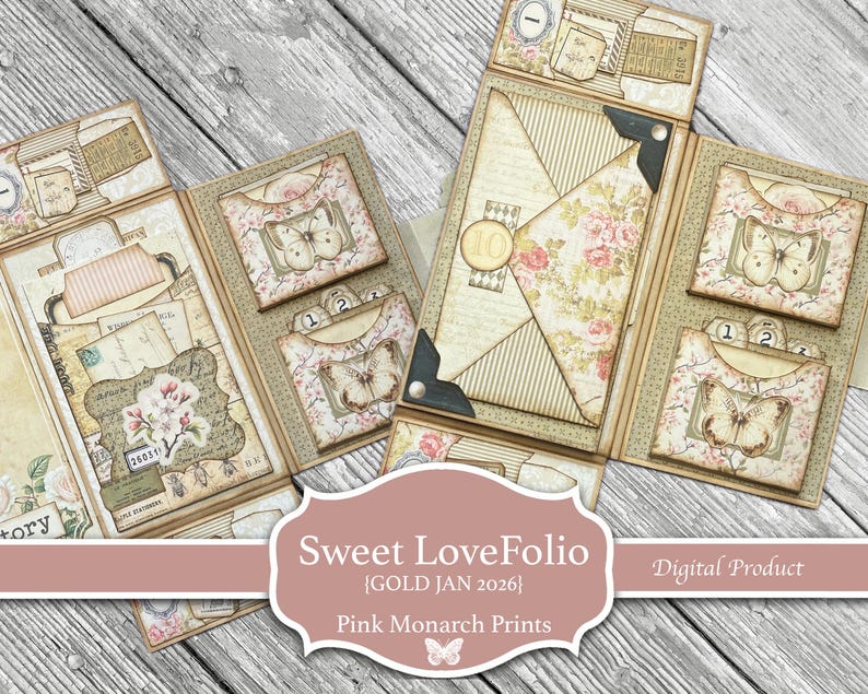 Puede incluir: Varios folios de papel abiertos con estampados florales y de mariposas. Los folios tienen bolsillos, etiquetas y sobres. El texto "Sweet LoveFolio" y "Pink Monarch Prints" es visible. Los folios est&aacute;n dispuestos sobre una superficie de madera clara.