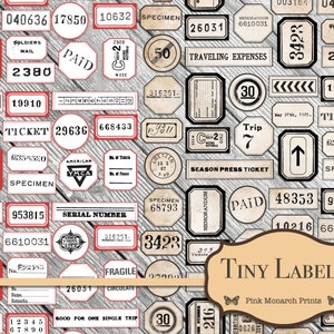 May include: A collection of vintage-style labels with various text and numbers, including "SOLDIERS MAIL", "PAID", "TRAVELING EXPENSES", "TICKET", "SPECIMEN", "SEASON PRESS TICKET", "FRAGILE", "GOOD FOR ONE SINGLE TRIP", and "TINY LABELS". The labels are printed on a white background with black and red accents.