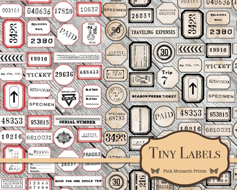 May include: A collection of vintage-style labels with various text and numbers, including "SOLDIERS MAIL", "PAID", "TRAVELING EXPENSES", "TICKET", "SPECIMEN", "SEASON PRESS TICKET", "FRAGILE", "GOOD FOR ONE SINGLE TRIP", and "TINY LABELS". The labels are printed on a white background with black and red accents.