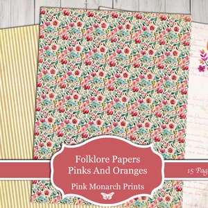 Op de afbeelding: Een digitaal papierpakket met 15 pagina's met bloemmotieven in roze, oranje en blauw. De tekst "Folklore Papers Pinks And Oranges Pink Monarch Prints" staat op een rode banner.