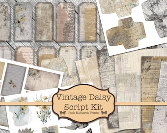 Vintage madeliefjescriptset, junkjournaalkit: klassiek afdrukbaar (digitale download)