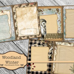 May include: Woodland Winter themed printable journal pages with a variety of backgrounds and textures, including a snowy scene, a plaid pattern, and a vintage paper with an owl illustration. The pages are designed for scrapbooking, journaling, or other creative projects.  The text "Woodland Winter" and "Pink Monarch Prints" is included on the image.