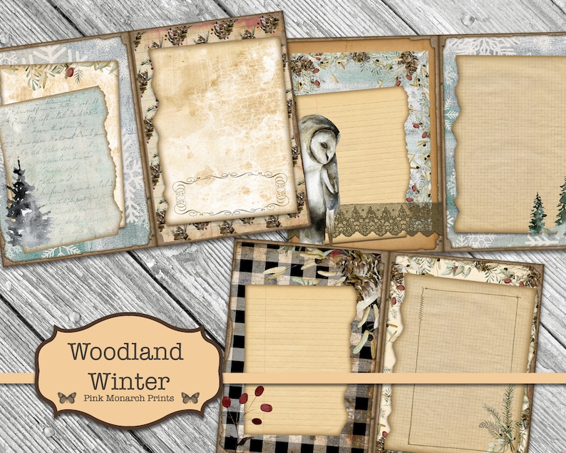 May include: Woodland Winter themed printable journal pages with a variety of backgrounds and textures, including a snowy scene, a plaid pattern, and a vintage paper with an owl illustration. The pages are designed for scrapbooking, journaling, or other creative projects.  The text "Woodland Winter" and "Pink Monarch Prints" is included on the image.