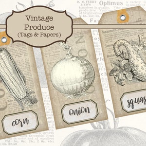 Puede incluir: Tres etiquetas imprimibles vintage para productos. Las etiquetas presentan ilustraciones de ma&iacute;z, cebolla y calabaza con el nombre de cada verdura impreso en la etiqueta. Las etiquetas est&aacute;n dise&ntilde;adas para parecer papel antiguo con un fondo desgastado.