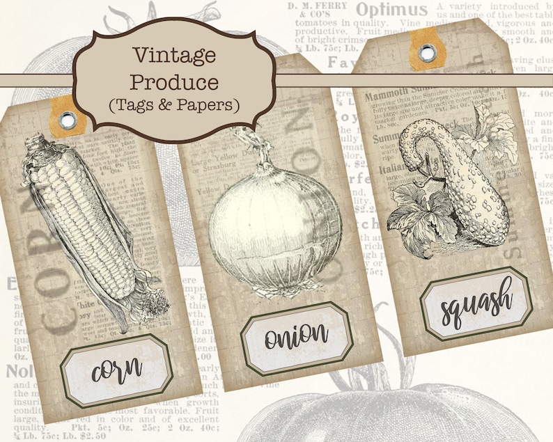 Puede incluir: Tres etiquetas imprimibles vintage para productos. Las etiquetas presentan ilustraciones de ma&iacute;z, cebolla y calabaza con el nombre de cada verdura impreso en la etiqueta. Las etiquetas est&aacute;n dise&ntilde;adas para parecer papel antiguo con un fondo desgastado.