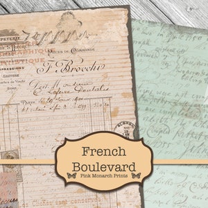 May include: A digital collage sheet featuring vintage French paper ephemera with handwritten text and stamps. The sheet is titled "French Boulevard" and includes the text "Pink Monarch Prints".