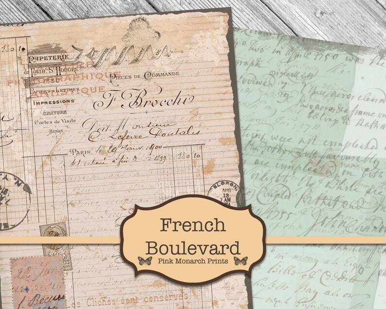 May include: A digital collage sheet featuring vintage French paper ephemera with handwritten text and stamps. The sheet is titled "French Boulevard" and includes the text "Pink Monarch Prints".