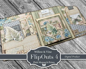 Willow And Vine FlipOuts #4, Junk Journaling Kit, Pink Monarch Prints, (Digital Download)