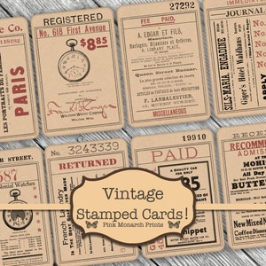 May include: Vintage style cards with various text and images. The cards are printed on brown paper with red and black text. Some of the cards feature images of clocks and watches. The cards are labeled with titles such as "Registered", "Paid", "Returned", and "Apply at Once".