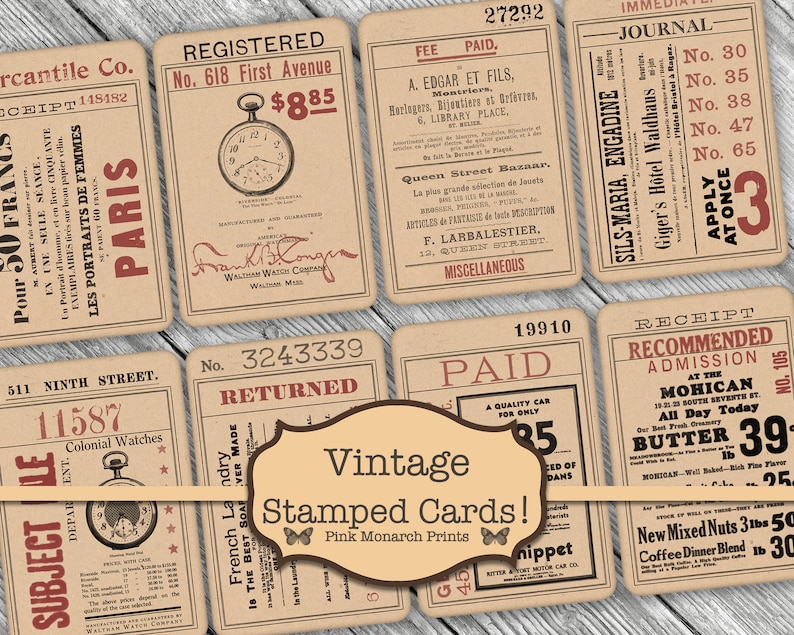 May include: Vintage style cards with various text and images. The cards are printed on brown paper with red and black text. Some of the cards feature images of clocks and watches. The cards are labeled with titles such as "Registered", "Paid", "Returned", and "Apply at Once".