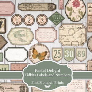 Pastel Delight Tidbits étiquettes et numéros, imprimables, numériques, fournitures pour journaux indésirables, vintage, Junk Journal, étiquettes, numéros, Tidbits