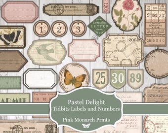 Pastel Delight Tidbits Labels and Numbers, Printable, Digital, Junk Journal Supplies, Vintage, Junk Journal, Labels, Numbers, Tidbits