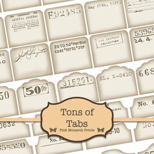May include: A set of vintage-style printable tabs with various numbers, dates, and text. The tabs are beige with black text and are designed to look like old paper. The text on the tabs includes "Tons of Tabs", "Pink Monarch Prints", "Calendar", "50 lbs", "25 to 50 Per Doz Cost $100 to $200", "The Century Collection", "EL. 5-2410", "No. 6771", "No. 609", "No. 50", "M355520", "10632", "17850", "O. Box 32 ARTAGO", "539697 24.4.52", "668433", "F92485", "May 28th, 1923", "03-10", "ASH."