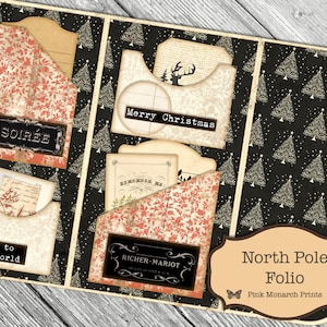 Può includere: Un folio natalizio in bianco e nero con tasche ed etichette. Il folio ha uno sfondo nero con un motivo a albero bianco e stelle dorate. Le tasche sono decorate con motivi floreali rossi e bianchi. Le etichette riportano il testo "Merry Christmas", "Soirée", "Joy to the world", "Remember Me", "Richer Mariot" e "North Pole Folio".