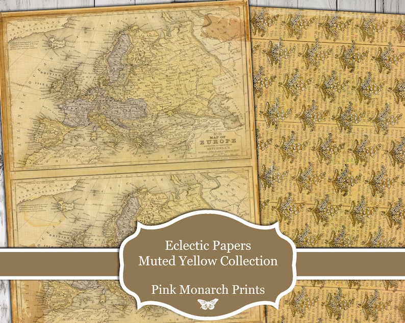 May include: A digital paper pack with a muted yellow color scheme. The pack includes vintage maps of Europe and a floral pattern. The text "Eclectic Papers Muted Yellow Collection Pink Monarch Prints" is displayed on the image.