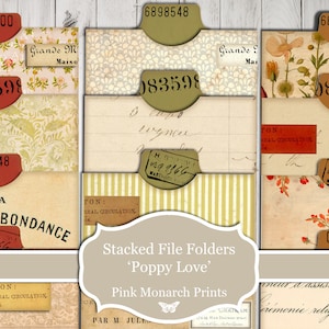 Stacked File Folders, Poppy Love Collection, Printable, Junk Journal, Digital, Junk Journal Pockets, Flowers, Botanical, Printable Pockets
