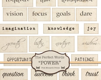 Op de afbeelding: Een set van 16 printbare kaarten met inspirerende woorden zoals "visie", "focus", "doelen", "durven", "fantasie", "kennis", "vreugde", "groei", "luisteren", "koesteren", "wijsheid", "kans", "geduld", "vraag", "succes", "denken" en "vertrouwen". De kaarten zijn beige met zwarte tekst en zijn in een rasterpatroon gerangschikt. De tekst "The Perfect Words "POWER"" staat bovenaan de afbeelding, met de tekst "Pink Monarch Prints" eronder.
