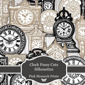 May include: A collection of vintage clock silhouettes in black and white, with a banner that reads "Clock Fussy Cuts Silhouettes Pink Monarch Prints".