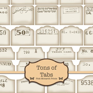 May include: A set of 12 vintage-style file folder tabs with various text and numbers. The tabs are beige with brown text and are designed to look like old paper. The text on the tabs includes "P.O. Box 32", "CARTAGO", "25 TO 50 Per Doz", "Cost $10 TO $200", "THE CENTURY COLLECTION", "539697", "24.4.52", "17850", "50lbs", "316251", "EL. 5-2410", "668435", "10632", "790 A", "373 TERMS CASH", "No. 6771", "M355520", "N", "QL562 M48", "POST", "10", "No. 60", "953815".