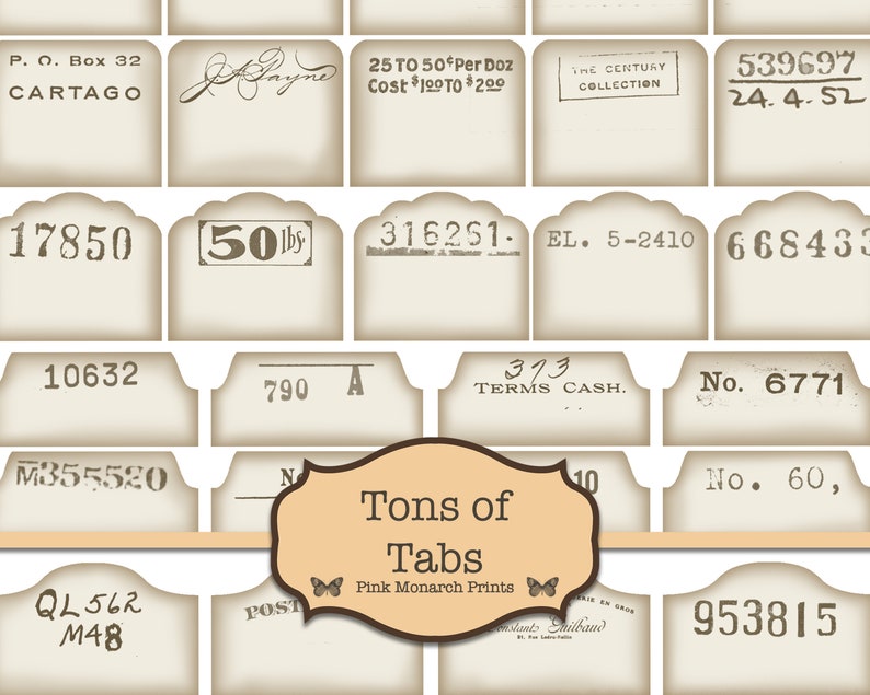 May include: A set of 12 vintage-style file folder tabs with various text and numbers. The tabs are beige with brown text and are designed to look like old paper. The text on the tabs includes "P.O. Box 32", "CARTAGO", "25 TO 50 Per Doz", "Cost $10 TO $200", "THE CENTURY COLLECTION", "539697", "24.4.52", "17850", "50lbs", "316251", "EL. 5-2410", "668435", "10632", "790 A", "373 TERMS CASH", "No. 6771", "M355520", "N", "QL562 M48", "POST", "10", "No. 60", "953815".