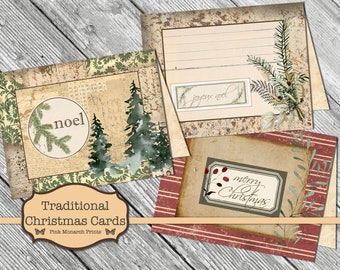 Puede incluir: Cuatro diseños de tarjetas de Navidad imprimibles con un estilo rústico y vintage. Las tarjetas presentan una variedad de elementos invernales, incluyendo ramas de pino, copos de nieve y las palabras "Noel" y "Feliz Navidad".