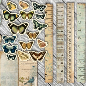 May include: A collection of vintage butterfly stickers with a woodgrain background. The stickers are in various colors, including blue, green, brown, and yellow. There are also some rulers with markings in inches.
