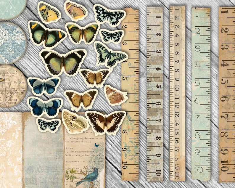 May include: A collection of vintage butterfly stickers with a woodgrain background. The stickers are in various colors, including blue, green, brown, and yellow. There are also some rulers with markings in inches.