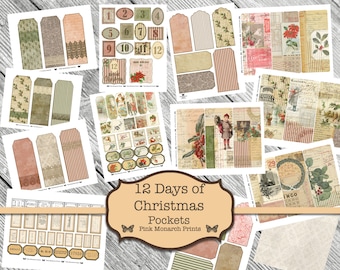 May include: A set of printable digital papers featuring a Christmas theme with red, green, and brown colors. The papers include various designs, such as tags, pockets, and numbers. The text "12 Days of Christmas Pockets" is included on the image.