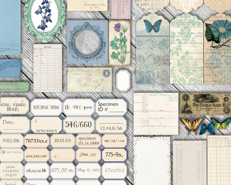 May include: A collection of vintage ephemera, including a blue butterfly, a blue and white floral design, a bank note, and a handwritten note. The ephemera is arranged on a light wood background. The text on the bank note reads "The Thames Bank".