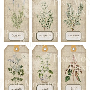 May include: Six vintage-style gift tags featuring illustrations of herbs. The tags are beige with a brown grid pattern and have a brown string loop at the top. The herbs are lavender, marjoram, rosemary, coriander, mint, and basil. Each tag has the name of the herb printed in a brown rectangle at the bottom.