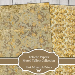 May include: Two digital paper designs in muted yellow tones. The first design features a floral pattern with a damask-like background. The second design features a smaller floral pattern with a more subtle background. The text "Eclectic Papers Muted Yellow Collection Pink Monarch Prints" is displayed on a brown banner.