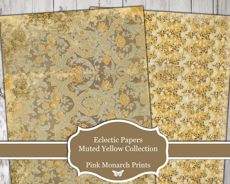 May include: Two digital paper designs in muted yellow tones. The first design features a floral pattern with a damask-like background. The second design features a smaller floral pattern with a more subtle background. The text "Eclectic Papers Muted Yellow Collection Pink Monarch Prints" is displayed on a brown banner.