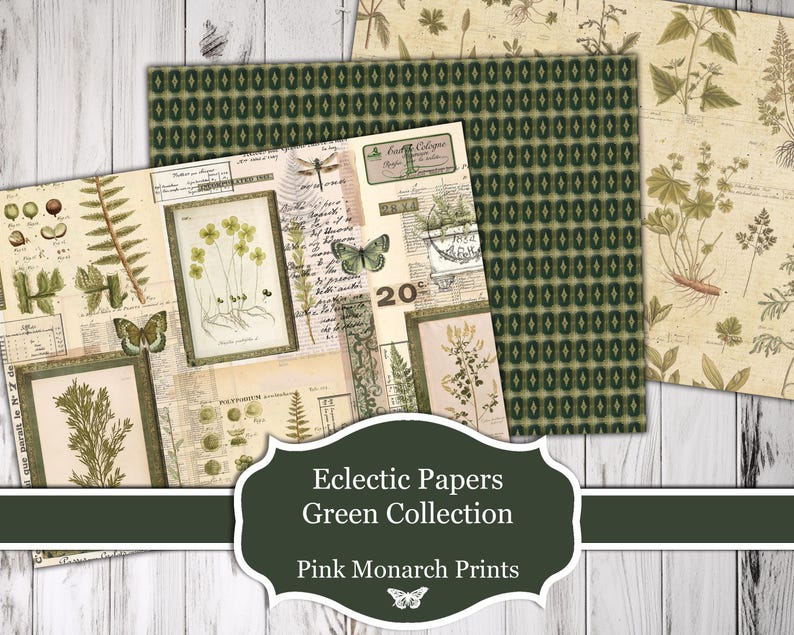 May include: A digital collage sheet with a green and brown colour scheme featuring botanical illustrations, butterflies, and text. The text includes "Eclectic Papers Green Collection Pink Monarch Prints".