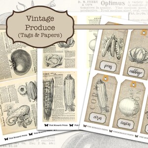 Puede incluir: Etiquetas y papeles imprimibles vintage con ilustraciones de varias verduras, incluyendo tomate, col, ma&iacute;z, cebolla, guisantes y calabaza. El texto "Vintage Produce (Tags & Papers)" se muestra en una pancarta marr&oacute;n en la parte superior de la imagen.