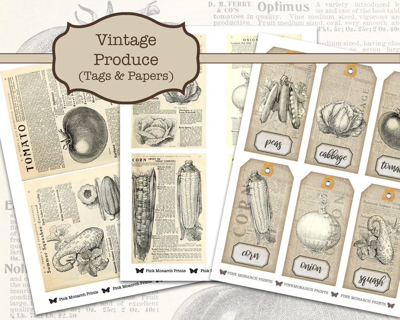 Puede incluir: Etiquetas y papeles imprimibles vintage con ilustraciones de varias verduras, incluyendo tomate, col, ma&iacute;z, cebolla, guisantes y calabaza. El texto "Vintage Produce (Tags & Papers)" se muestra en una pancarta marr&oacute;n en la parte superior de la imagen.