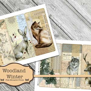 May include: A set of six printable digital collage sheets featuring woodland animals, including a fox, rabbit, wolf, and deer. The sheets also include vintage-style text, numbers, and patterns. The text on the sheets reads "LETTERS", "57 West 57th Street", and "Received".