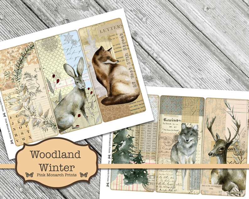May include: A set of six printable digital collage sheets featuring woodland animals, including a fox, rabbit, wolf, and deer. The sheets also include vintage-style text, numbers, and patterns. The text on the sheets reads "LETTERS", "57 West 57th Street", and "Received".