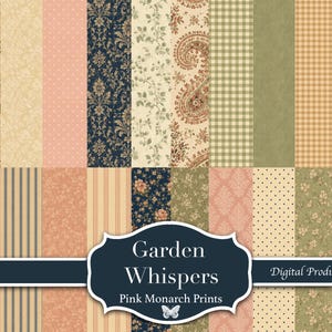 May include: A collection of digital paper patterns featuring floral, paisley, gingham, striped, and damask designs in shades of pink, navy blue, olive green, and cream. A central label displays the text Garden Whispers Digital Product Pink Monarch Prints.