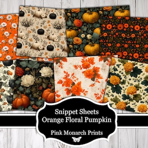 May include: A collection of snippet sheets with orange floral and pumpkin designs. The sheets feature various patterns, including floral arrangements, pumpkins, and fall foliage. The text on the image reads "Snippet Sheets Orange Floral Pumpkin" and "Pink Monarch Prints."