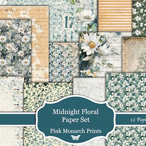Midnight Floral Paper Set, Printable Papers, Digital Junk Journal, Floral, Junk Journal, Junk Journal Kit, Junk Journal Papers, Digital
