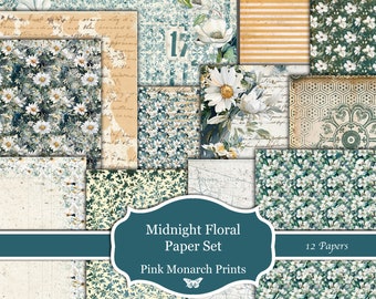 Midnight Floral Paper Set, Printable Papers, Digital Junk Journal, Floral, Junk Journal, Junk Journal Kit, Junk Journal Papers, Digital