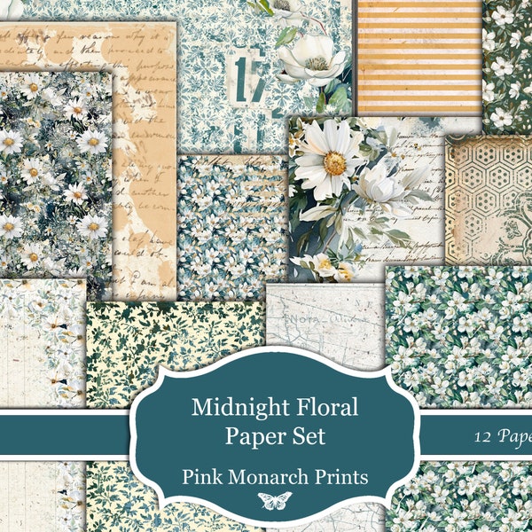 Midnight Floral Papier Set, druckbare Papiere, Digital Junk Journal, Floral, Junk Journal, Junk Journal Kit, Junk Journal Papiere, Digital