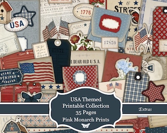 USA Themed Printable Collection, 35 Pages, Patriotic, Scrapbooking Junk Journaling Kit (Digital Download)