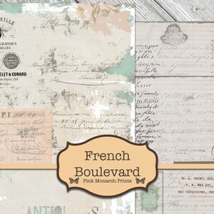 May include: A digital collage sheet with a French theme. The sheet features a variety of vintage-inspired images, including a bee, a floral design, and handwritten text. The text includes the words "French Boulevard" and "Pink Monarch Prints".