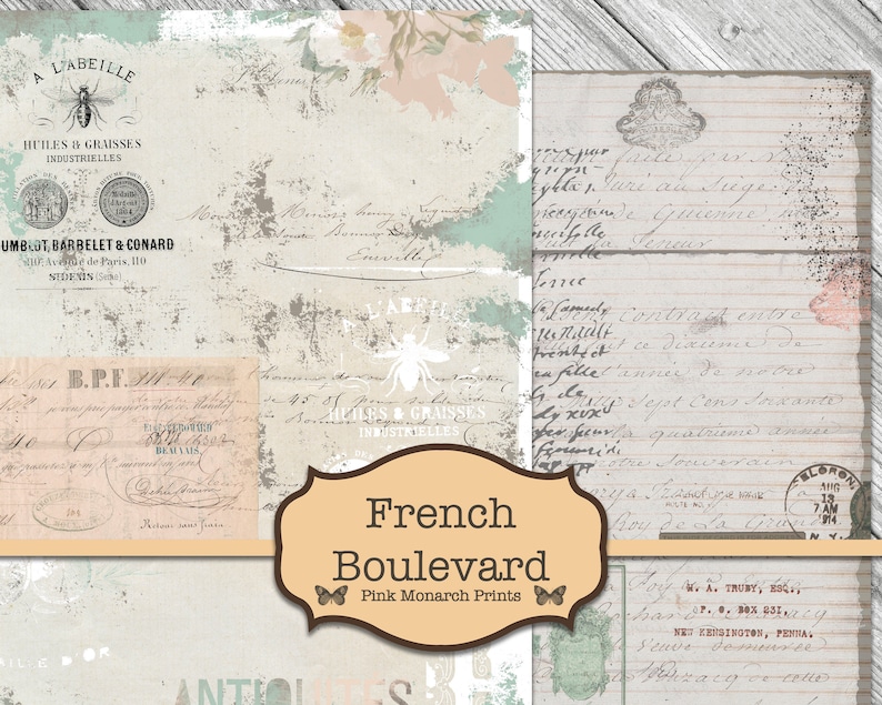 May include: A digital collage sheet with a French theme. The sheet features a variety of vintage-inspired images, including a bee, a floral design, and handwritten text. The text includes the words "French Boulevard" and "Pink Monarch Prints".