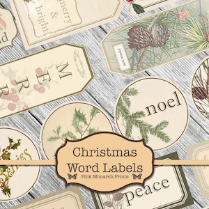 Junk Journal Kit, Christmas Word Labels, Vintage Christmas, Printable Christmas Ephemera, Christmas Embellishments, Junk Journaling Words