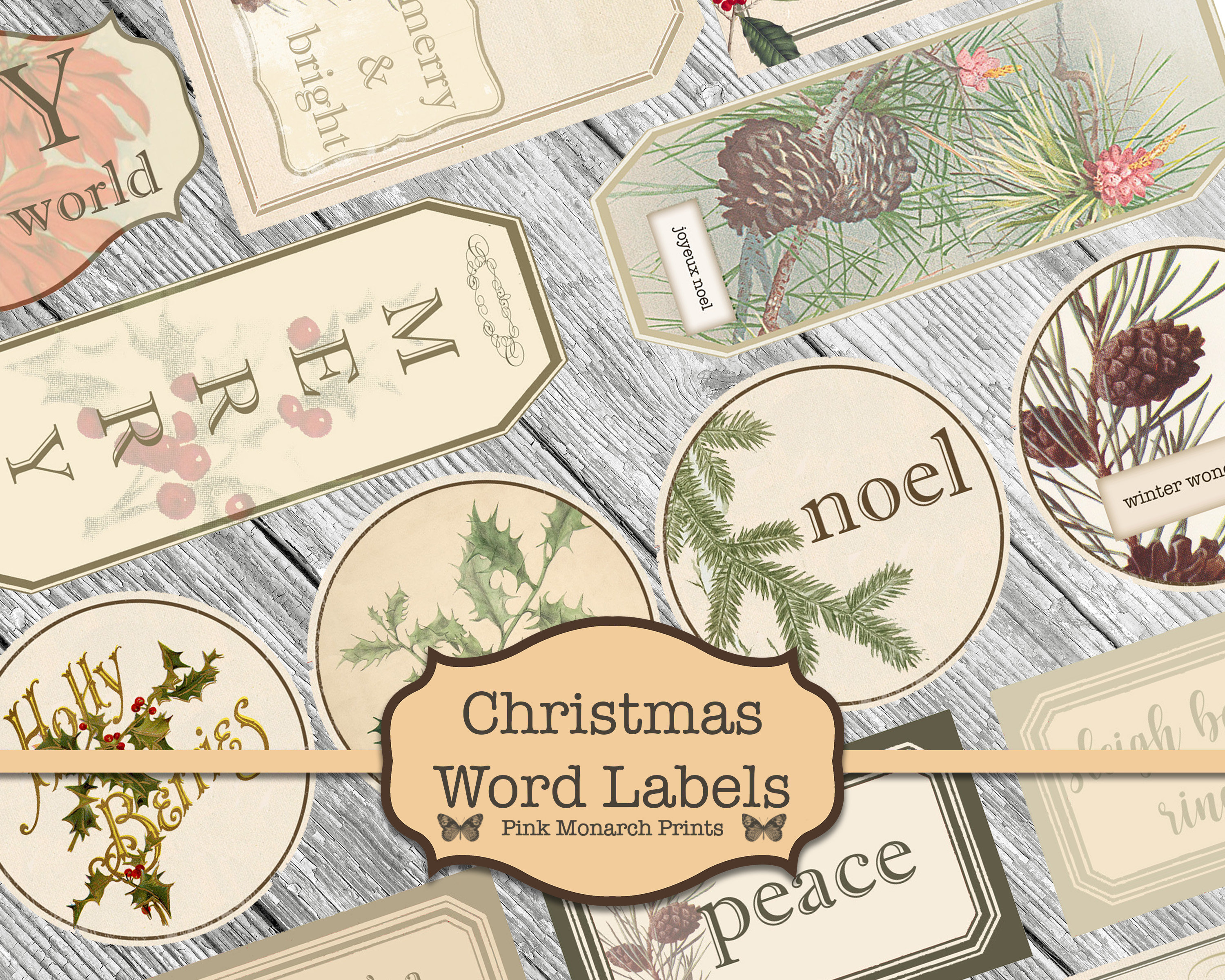 Junk Journal Kit, Christmas Word Labels, Vintage Christmas, Printable…