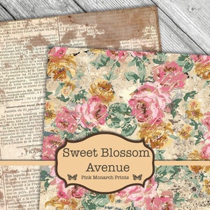 May include: A digital paper pack with a floral pattern featuring pink, yellow, and green flowers on a beige background with a distressed, vintage look. The text "Sweet Blossom Avenue" and "Pink Monarch Prints" is included in the design.