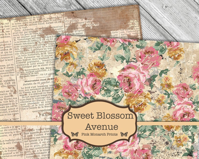May include: A digital paper pack with a floral pattern featuring pink, yellow, and green flowers on a beige background with a distressed, vintage look. The text "Sweet Blossom Avenue" and "Pink Monarch Prints" is included in the design.