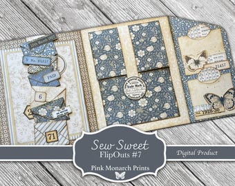 Sew Sweet FlipOuts #7, Junk Journaling Mini Folio, Page Idea, Kit, Pink Monarch Prints, Digital Kit